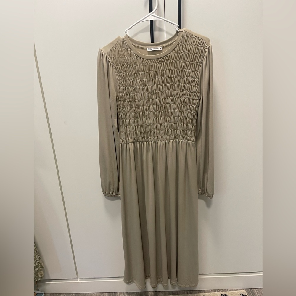 Zara Beige Long Sleeve Midi Shirred Dress